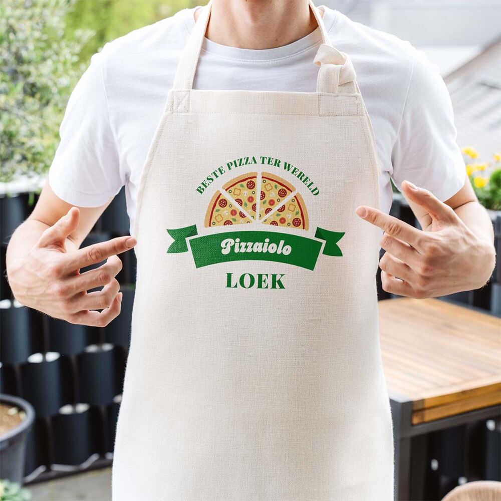 Gepersonaliseerd keukenschort met pizza en naam