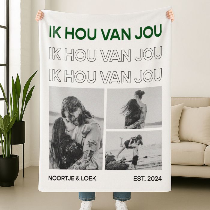Gepersonaliseerde deken met zwart-wit foto's en tekst