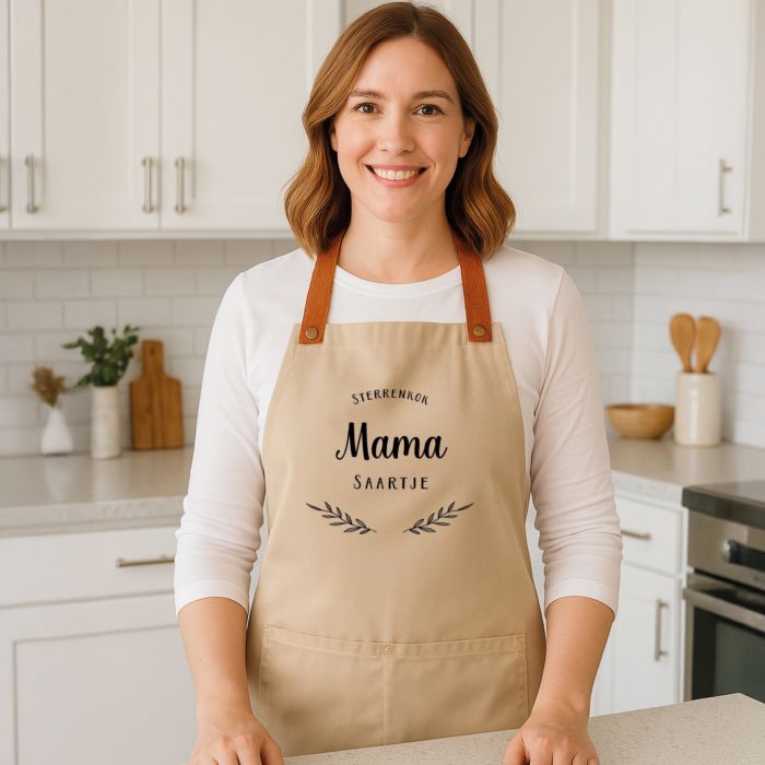 Gepersonaliseerd schort met krans en tekst